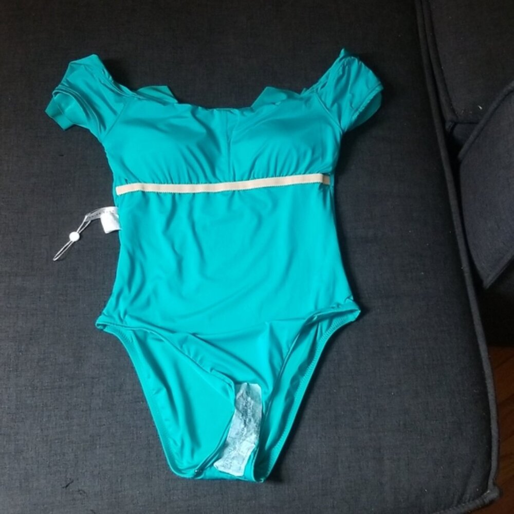 NWT Trina Turk Monaco Off The Shoulder turquoise swimsuit Sz6 - Picture 2 of 7